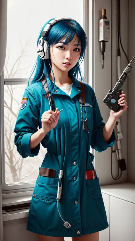 (best quality:1.3), (masterpiece:1.2), (realistic:1.2), (detailed:1.1), (Overhead view),dynamic angle,ultra-detailed, illustration, close-up, straight on, 1girl, souryuu asuka langley , interface headset, Teal hair ,Her eyes shone like dreamy stars,(glowing eyes:1.1),(beautiful and detailed eyes:1.1),(expressionless,closed mouth),(standing), (mechanic room with tools machine guns  and spaceship window an epic space view outside the window in a white SPACESHIP), (night:1.2),dreamy, (delicate fingers and hands:0.55),(detail fingers),