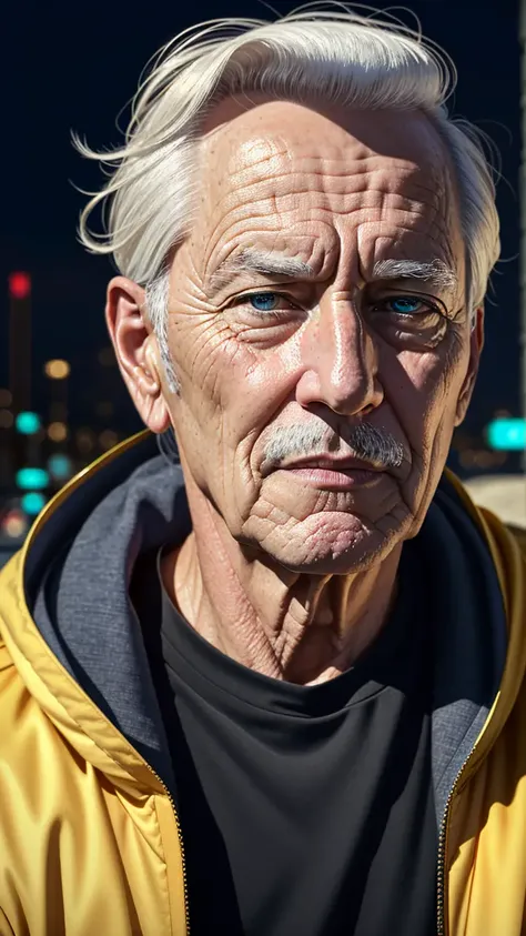 realistic portrait cyberpunk grandpa sitting on the moon,,natural skin,clear facial,ambient lighting, vivid neon colors, super detailed , realistic details, 8k, 3d, octane