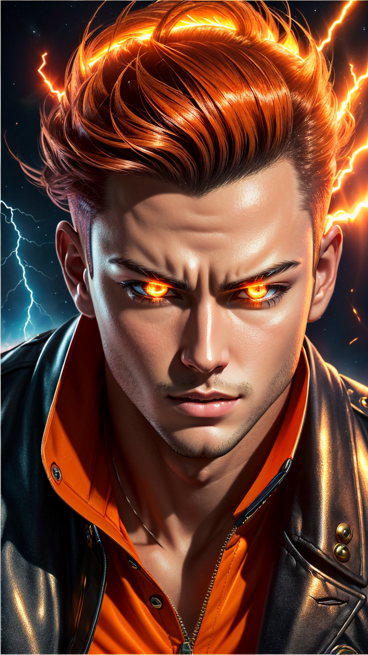 A man with red hair and a leather jacket with lightning coming out of ...