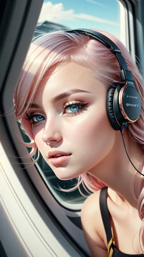 (best quality:1.3), (masterpiece:1.2), (realistic:1.2), (detailed:1.1), (Overhead view),dynamic angle,ultra-detailed, illustration, close-up, straight on, 1girl, the lady Thor , interface headset, Rose gold hair , Wispy bangs, Hourglass body, Lying down pose, Her eyes shone like dreamy stars,(glowing eyes:1.1),(beautiful and detailed eyes:1.1),(expressionless,closed mouth),(standing), (mechanic room with tools machine guns and spaceship window an epic space view outside the window in a white SPACESHIP), (night:1.2),dreamy, (delicate fingers and hands:0.55),(detail fingers),