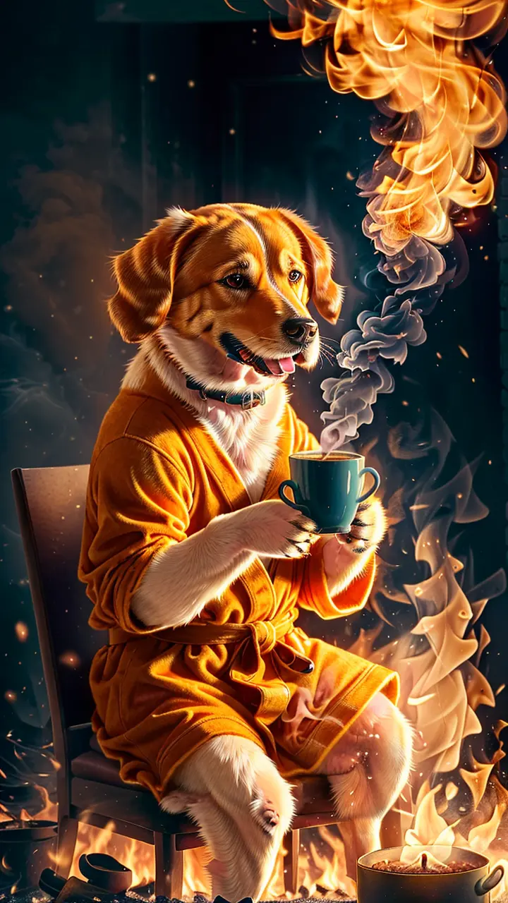 (best quality:1.23), (masterpiece:1.12), (realistic:1.24), (anthropomorphic dog:1.5) holding a coffee cup, sitting, in a robe, eating breakfast and holding a coffee cup, hat, particles, volumetric lighting, room burn down, ground and chair on fire, lots of gadgets and equipment on fire, smoke, (flames all around:1.3), <lora:on_fire10:0.4>