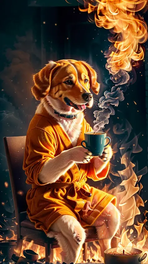 (best quality:1.23), (masterpiece:1.12), (realistic:1.24), (anthropomorphic  dog:1.5) holding a coffee cup, sitting, in a robe, eating breakfast and holding a coffee cup, hat, particles, volumetric lighting,  room burn down, ground and chair on fire, lots of gadgets and equipment on fire,  smoke, (flames all around:1.3), <lora:on_fire10:0.4>