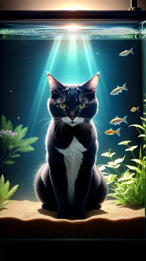 Emotion tension darkness hyper realism ultradeep focus photo, cat watching fish in aquarium, piercing sunrays, creeping shadows, Absolut skin detailing and absolutely photorealistic overall detailing, angled deep multi-point perspective large-scale compositing, photorealistic colour palette, colour grading, HDR, 8k, HD
