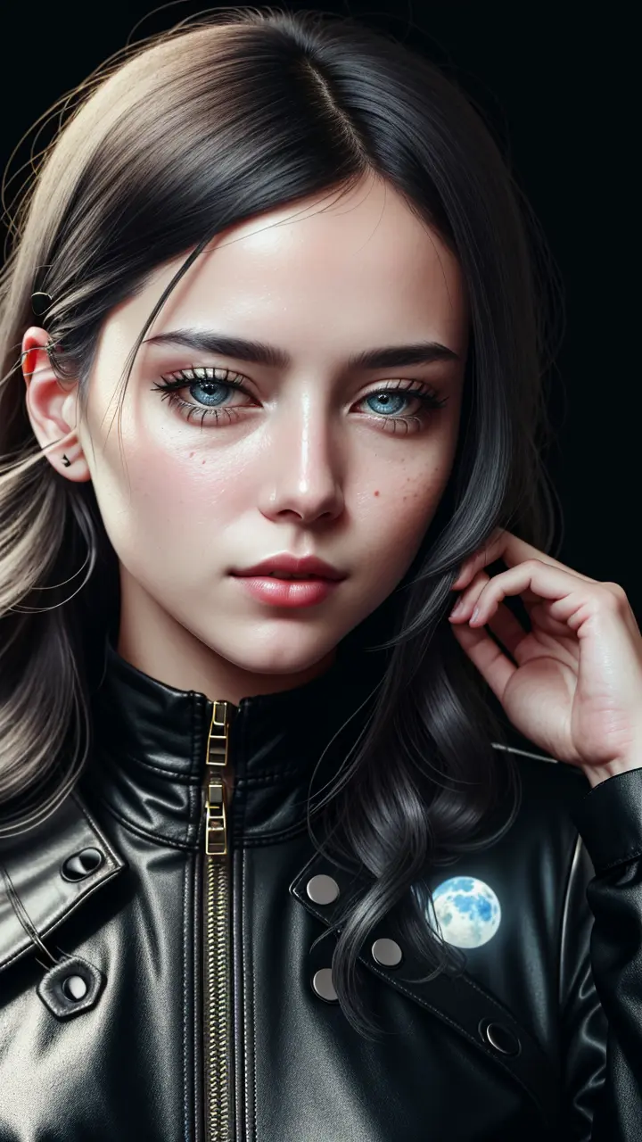 (photorealistic:1.3), realistic portrait the black widow, Gunmetal gray hair Top knot, sitting on the moon, natural skin,clear facial,ambient lighting, vivid neon colors, super detailed , realistic details, 8k, 3d, octane