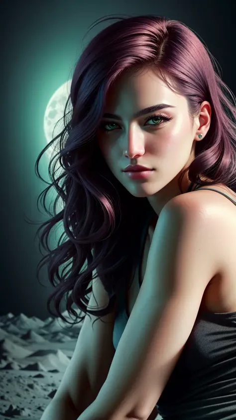 (detailed:1.15), (realistic:1.2) portrait the  she-hulk, Maroon hair  Shag haircut, sitting on the moon, natural skin, ambient lighting, vivid neon colors, super detailed , realistic details, 8k, 3d, octane