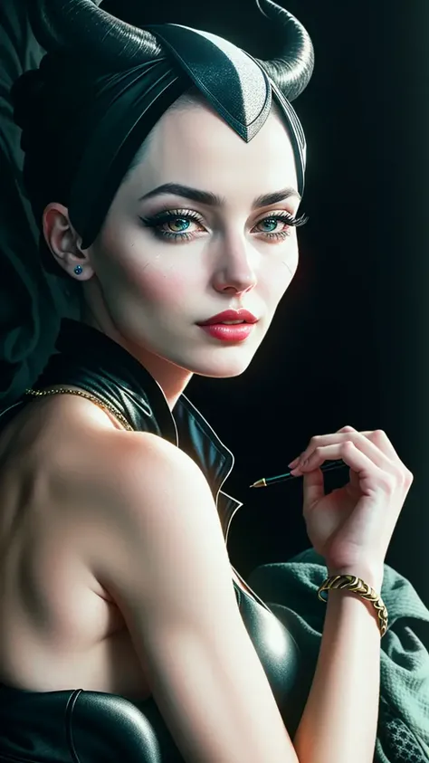 (detailed:1.15), realistic portrait the  maleficent, Metallic gold hair  Top knot, sitting on the moon, natural skin, ambient lighting, vivid neon colors, super detailed , realistic details, 8k, 3d, octane