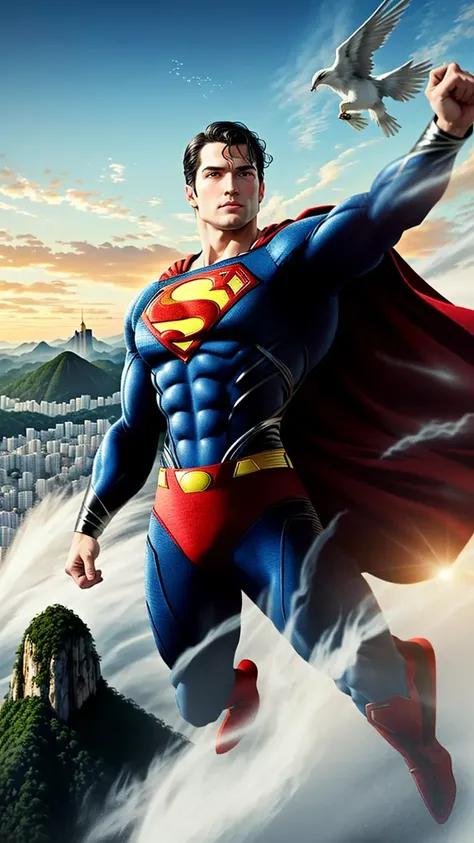 (best quality:1.3), (masterpiece:1.3), (realistic:1.4), (detailed:1.1), artwork of (Superman:1.3) soaring over the city of Rio de Janeiro, Brazil. The artwork should be highly detailed, and should accurately depict the character of Superman, including his iconic blue and red suit, cape, and emblem. The artwork should be created at a high resolution of 8K or 4K, and should be rendered in 3D to give it a lifelike quality. The artwork should also be created in 8D to add depth and dimensionality. The overall style of the artwork should be realistic, with an emphasis on capturing the vibrant colors and energy of Rio de Janeiro. Be sure to include iconic landmarks such as the Christ the Redeemer statue and Sugarloaf Mountain. The final artwork should be of the highest quality and should match the level of detail and realism found in professional Adobe Photoshop artwork.