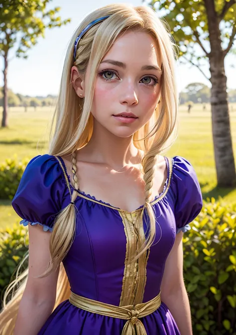 Dappled Light, photo portrait of the Rapunzel (Tangled): Rapunzel's long golden hair, purple dress, and adventurous spirit make her a favorite Disney princess character to cosplay., colorful, realistic round eyes, dreamy magical atmosphere, superheroine costume, (skin texture) (film grain), (warm hue, warm tone:1.2), close up, cinematic light, sidelighting, photo by Jay Maisel