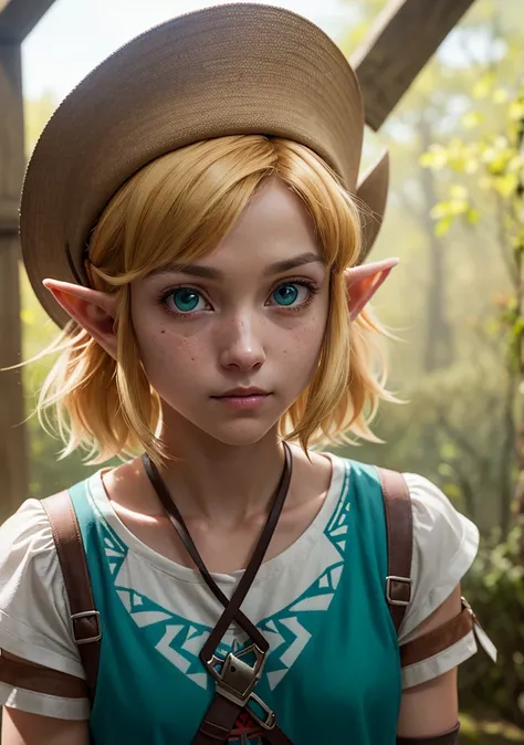 Dappled Light, photo portrait of the Link (The Legend of Zelda): The green tunic, pointed hat, and Master Sword make Link a favorite character to bring to life for fans of the Zelda series., colorful, realistic round eyes, dreamy magical atmosphere, superheroine costume, (skin texture) (film grain), (warm hue, warm tone:1.2), close up, cinematic light, sidelighting