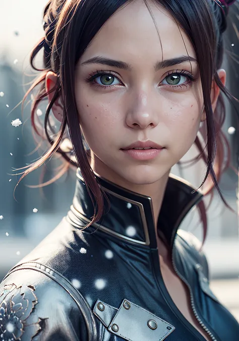 Dappled Light, intricate, photo portrait of the Lisbeth \(Sword art online\), colorful, realistic round eyes, dreamy magical atmosphere, superheroine costume, (skin texture) (film grain), (warm hue, warm tone:1.2), close up, cinematic light, sidelighting, art by artgerm and ruan jia and greg rutkowski, snow, flare, broken glass, photo by Mick Rock