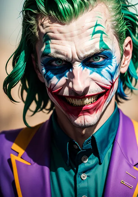 Dappled Light, photo portrait of the  The Joker (DC Comics): The Joker's colorful suit, wild green hair, and maniacal grin make him an iconic and recognizable character for cosplay., colorful, realistic round eyes, dreamy magical atmosphere, superheroine costume, (skin texture) (film grain), (warm hue, warm tone:1.2), close up, cinematic light, sidelighting