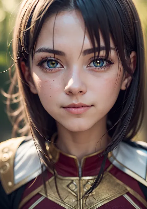 Dappled Light, photo portrait of the Rin \(Fate/Stay Night\), colorful, realistic round eyes, dreamy magical atmosphere, superheroine costume, (skin texture) (film grain), (warm hue, warm tone:1.2), close up, cinematic light, sidelighting, photo by Christopher Ryan McKenney