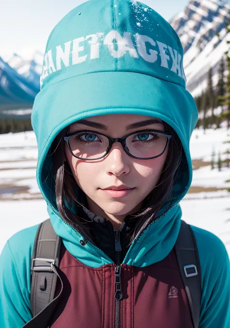 Dappled Light, intricate, photo portrait of the  bayonetta, colorful, realistic round eyes, dreamy magical atmosphere, superheroine costume, (skin texture) (film grain), (warm hue, warm tone:1.2), close up, cinematic light, sidelighting, sunny, snow, flare, broken glass, Banff National Park, Canada: Located in the Canadian Rockies, Banff National Park is renowned for its snow-capped mountains, turquoise lakes, and abundant wildlife, making it a paradise for outdoor enthusiasts., photo by Rankin