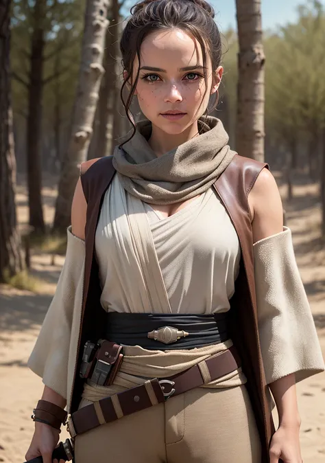 Dappled Light, photo portrait of the  Rey (Star Wars): Rey's desert scavenger outfit consists of a beige tunic, pants, and arm wraps, along with a brown leather belt and pouches. She also wears a draped, off-white scarf and carries a staff., colorful, realistic round eyes, dreamy magical atmosphere, superheroine costume, (skin texture) (film grain), (warm hue, warm tone:1.2), close up, cinematic light, sidelighting