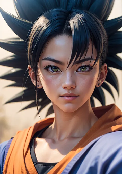 Dappled Light, photo portrait of the Goku (Dragon Ball): Goku's iconic orange gi, spiky black hair, and Super Saiyan transformation have made him a legendary character for cosplay within the Dragon Ball series., colorful, realistic round eyes, dreamy magical atmosphere, superheroine costume, (skin texture) (film grain), (warm hue, warm tone:1.2), close up, cinematic light, sidelighting