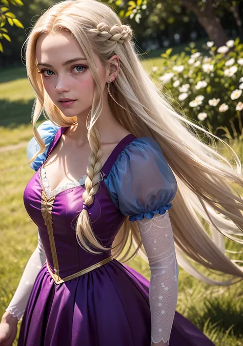 Dappled Light, photo portrait of the  Rapunzel (Tangled): Rapunzel's long golden hair, purple dress, and adventurous spirit make her a favorite Disney princess character to cosplay., colorful, realistic round eyes, dreamy magical atmosphere, superheroine costume, (skin texture) (film grain), (warm hue, warm tone:1.2), close up, cinematic light, sidelighting, photo by George W. Harris