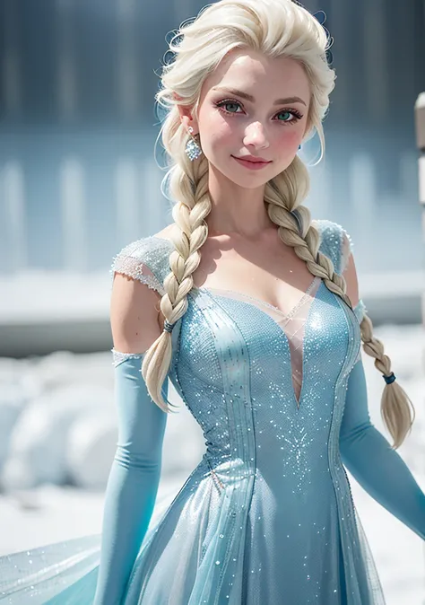 Dappled Light, photo portrait of the  Elsa (Frozen): Elsa's flowing ice-blue dress, long blonde braid, and icy powers make her a popular choice for cosplayers, especially at conventions and events., colorful, realistic round eyes, dreamy magical atmosphere, superheroine costume, (skin texture) (film grain), (warm hue, warm tone:1.2), close up, cinematic light, sidelighting