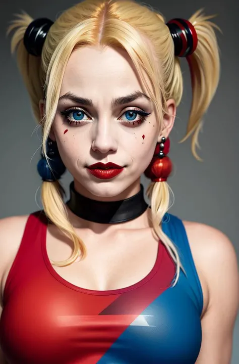 face and bust portrait of harley quinn wearing a tank top, best quality, absurdres, sharp focus, by arny freytag,
