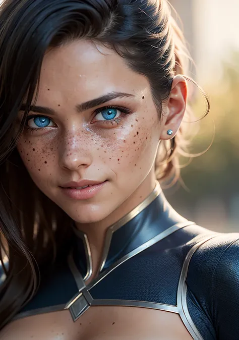 RAW, (best quality:1.17), (masterpiece:1.17), (semi realistic:1.17), contrast,  superheroine photo, the  xena warrior, (detailed eyes:1.3),(smile:1), (freckles:1.1), (skin pores:1.1), (wearing superheroine suit:1.2), (look at viewer:1.2), (high quality face:1.1), (high detailed face skin:1.1), (realistic iris:1.1), (realistic pupils:1.3), (realistic lighting:1.1), (beautiful moles and freckles:0.1), (film noise:1.1), (film grain:1.4),  analog style,  hybrid superheroine cosplay, (wearing superheroine suit:1.2),   (look at viewer) (skin texture) (film grain), (hyper realistic texture skin:1.17), (warm hue, warm tone:1.2), close up, cinematic light, side lighting, Dappled Light, ultra high res, best shadow