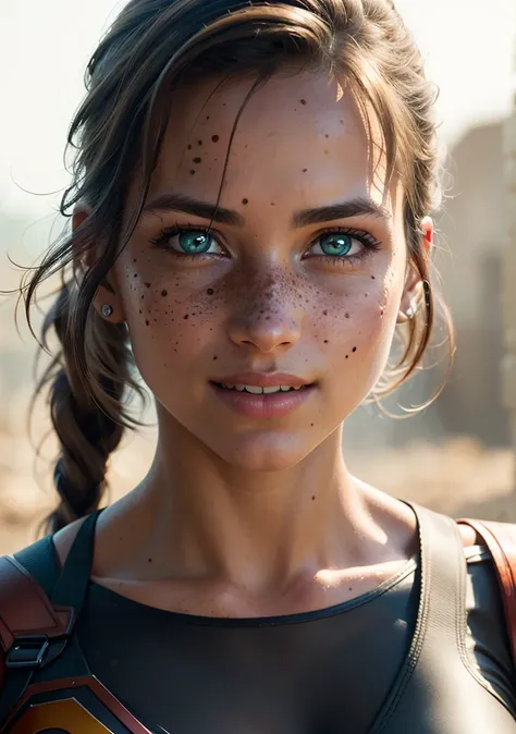 RAW, (best quality:1.17), (masterpiece:1.17), (semi realistic:1.17), contrast, superheroine photo, the lara croft tomb raider, (detailed eyes:1.3),(smile:1), (freckles:1.1), (skin pores:1.1), (wearing superheroine suit:1.2), (look at viewer:1.2), (high quality face:1.1), (high detailed face skin:1.1), (realistic iris:1.1), (realistic pupils:1.3), (realistic lighting:1.1), (beautiful moles and freckles:0.1), (film noise:1.1), (film grain:1.4), analog style, hybrid superheroine cosplay, (wearing superheroine suit:1.2), (look at viewer) (skin texture) (film grain), (hyper realistic texture skin:1.17), (warm hue, warm tone:1.2), close up, cinematic light, side lighting, Dappled Light, ultra high res, best shadow
