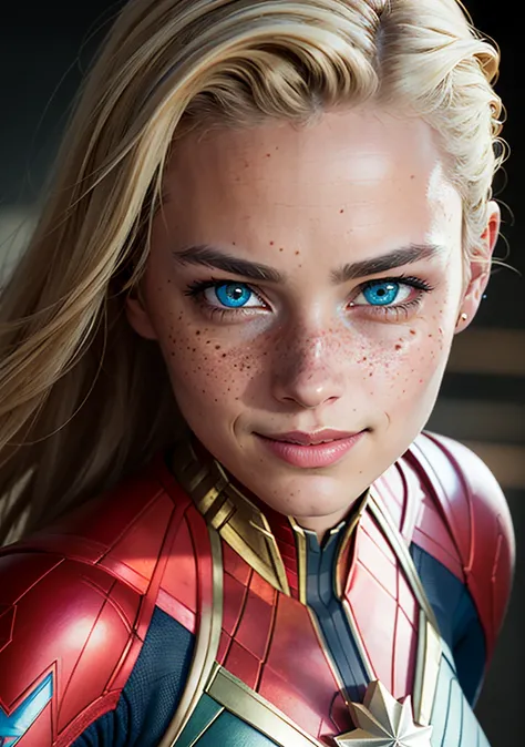 RAW, (best quality:1.17), (masterpiece:1.17), (semi realistic:1.17), contrast,  superheroine photo, the  captain marvel, (detailed eyes:1.3),(smile:1), (freckles:1.1), (skin pores:1.1), (wearing superheroine suit:1.2), (look at viewer:1.2), (high quality face:1.1), (high detailed face skin:1.1), (realistic iris:1.1), (realistic pupils:1.3), (realistic lighting:1.1), (beautiful moles and freckles:0.1), (film noise:1.1), (film grain:1.4),  analog style,  hybrid superheroine cosplay, (wearing superheroine suit:1.2),   (look at viewer) (skin texture) (film grain), (hyper realistic texture skin:1.17), (warm hue, warm tone:1.2), close up, cinematic light, side lighting, Dappled Light, ultra high res, best shadow
