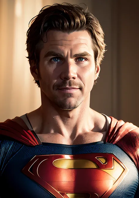Dappled Light, (intricate:1.3), photo portrait of will ferrell as man superman, (skin texture) (film grain), (warm hue, warm tone:1.2), movie scene from nightcrawler directed by michael bay, (semi realistic:1.3), (hyper realistic texture skin:1.3)