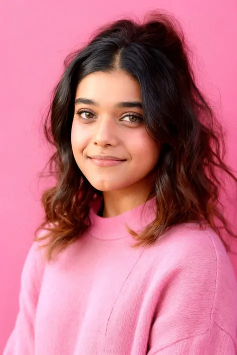 ImanLoRA1, a professional portrait of a young brunette, long messy hair, cozy sweater, simple pink background  <lora:ImanLoRA:1>