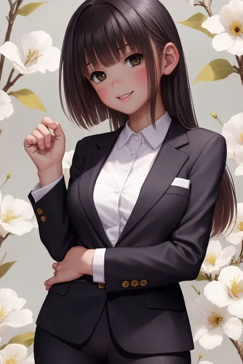 upper body, solo, 1girl, looking at viewer, smile, blush, suit jacket, medium breasts, night, Pussy Willow \(flower\), floral background <lora:hado_style_v01.1final:0.9>