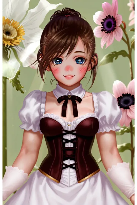 solo, 1girl, looking down, smile, blush, dark brown hair, half updo, blue eyes, beautiful detailed face, ultra detailed eyes, yellow corset, god rays, Anemone \(flower\), floral background <lora:hado_style_v05.02:1>
