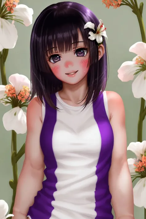 solo, 1girl, looking at viewer, smile, blush, dark purple hair, asymmetrical bangs, light grey eyes, beautiful detailed face, ultra detailed eyes, dark purple sleeveless shirt, bright, Gypsophila_paniculata \(flower\), floral background <lora:hado_style_v05.02:1>