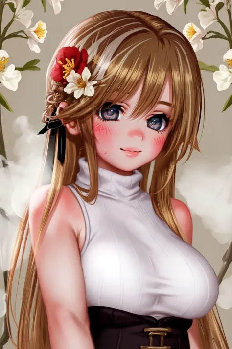 portrait, solo, 1girl, looking at viewer, smile, blush, medium breasts, god rays, Heather \(flower\), floral background <lora:saitom_style_v04:1>