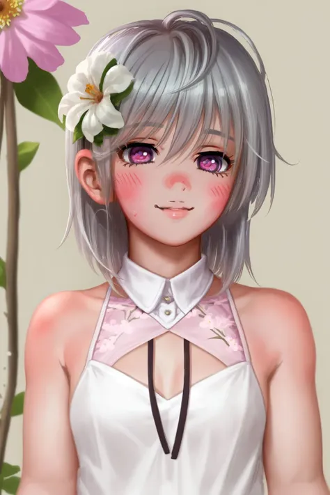 solo, 1girl, looking away, smile, blush, silver hair, mizura, pink eyes, beautiful detailed face, ultra detailed eyes, light green halterneck, day, Astilbe \(flower\), floral background <lora:hado_style_v05.02:1>