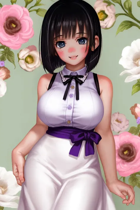 solo, 1girl, looking at viewer, smile, blush, black hair, bob cut, dark blue eyes, beautiful detailed face, ultra detailed eyes, large breasts, golden sleeveless shirt, night, Lavandula \(flower\), floral background <lora:hado_style_v05.02:1>