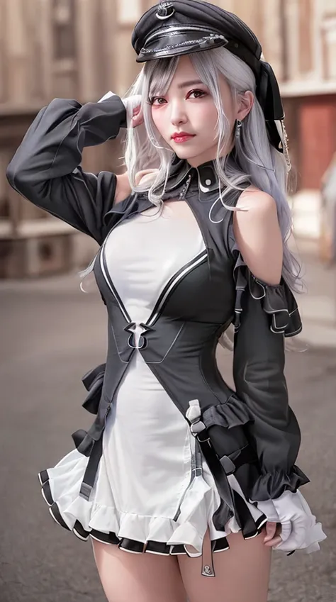 (RAW photo:1.2), (photorealistic:1.4),(masterpiece:1.3),(best quality:1.4),ultra high res,[:(detailed face:1.2):0.2],(detailed clothes),HDR,8k resolution, solo focus, professional lighting, (upper body),white shiny skin
<lora:japaneseDollLikeness_v10:0.35>, <lora:kmsElbeAzurLane_releaseV10:0.8>, hat,gloves, thighhighs, blush, black dress, hand on headwear, small breasts, white hair