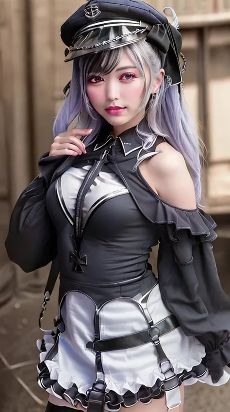 (RAW photo:1.2), (photorealistic:1.4),(masterpiece:1.3),(best quality:1.4),ultra high res,[:(detailed face:1.2):0.2],(detailed clothes),HDR,8k resolution, solo, professional lighting, (upper body),white shiny skin
<lora:japaneseDollLikeness_v10:0.35>, <lora:kmsElbeAzurLane_releaseV10:0.9>, hat, gloves, thighhighs, blush, black dress, small breasts,pointing