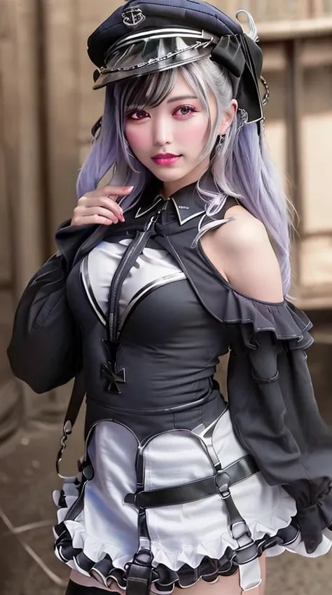 (RAW photo:1.2), (photorealistic:1.4),(masterpiece:1.3),(best quality:1.4),ultra high res,[:(detailed face:1.2):0.2],(detailed clothes),HDR,8k resolution, solo, professional lighting, (upper body),white shiny skin
<lora:japaneseDollLikeness_v10:0.35>, <lora:kmsElbeAzurLane_releaseV10:0.9>, hat, gloves, thighhighs, blush, black dress, small breasts,pointing