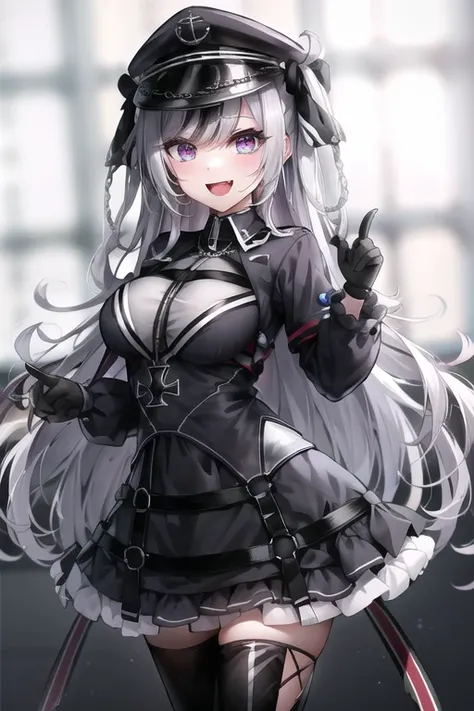 elbeazln, (masterpiece:1.3), best quality, high quality, absurdres, 1girl, solo, peaked cap, black corset, iron cross, black dress, layered dress, black gloves, thighhighs, smile, pointing at viewer, indoors, <lora:elbeazln_prerelease:1>