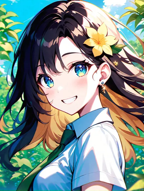 masterpice,solo,1girl, solo, hair ornament, flower, hair flower, smile, looking at viewer, shirt, necktie, blush, upper body, short sleeves, white shirt, earrings, jewelry, collared shirt, outdoors, bangs, floating hair, colored inner hair, long hair, blue eyes, grin, from side, breasts, blue flower, brown hair, yellow flower, school uniform, day, multicolored hair, green necktie, black hair, leaf