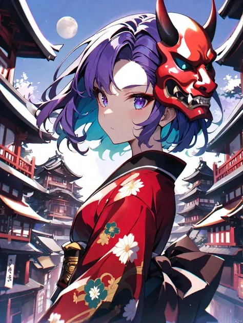 masterpice,solo, 1girl, mask, looking at viewer, purple hair, horns, japanese clothes, upper body, kimono, mask on head, closed mouth, oni mask, blue eyes, floral print, red kimono, short hair, outdoors, architecture, east asian architecture, purple eyes, floating hair, from side, looking back, building, moon