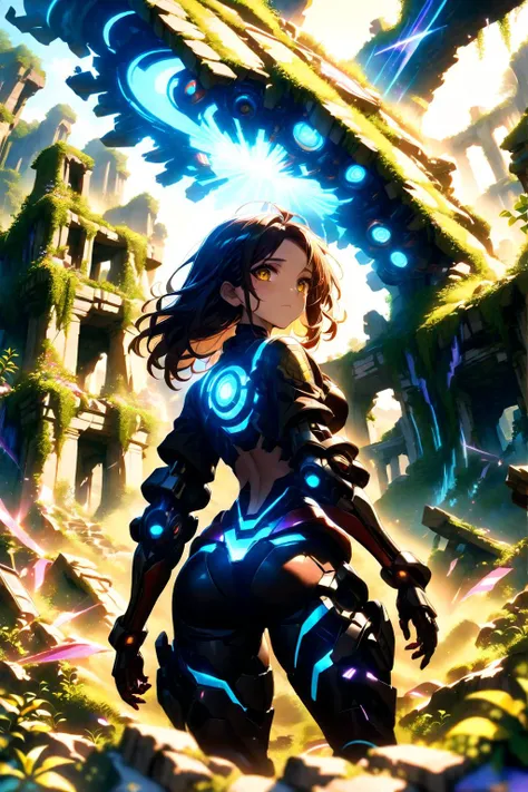 website for travelling with a picture of a beautiful Collapsed Temple, (Masterpiece:0.9), best quality, (illustration, very aesthetic:0.95), (ultra detailed), intricate details, dynamic angle, solo, mechanical girl, Damaged machine body, Broken machine, (Looking Back), Beautiful eyes, fine weather, Collapsed World, Overgrown Tomb, (cinematic lighting, Deep Depth Of Field) [(white background:1.2)::0.2], (ruins of details background:1.2),   <lora:design_t_005_2:1.0> <lora:SDXLFaeTastic2400:1>