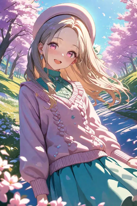 (Masterpiece:0.9), best quality, (illustration, very aesthetic:0.95), (ultra detailed), intricate details, solo, 1 girl, dutch angle, prim person pause, Kawaii angle, detailed face, :D, (beret, Cute Fashion:1.05), Flutter sweater, Spring outdoors, Cherry blossoms in full bloom, (cinematic lighting, raytracing), absurd, [(white background:1.2)::0.2], (Spring landscape background:1.2), <lora:Anime Enhancer XL V2:1.3> <lora:cns2i2de878c73fo5mug:1>