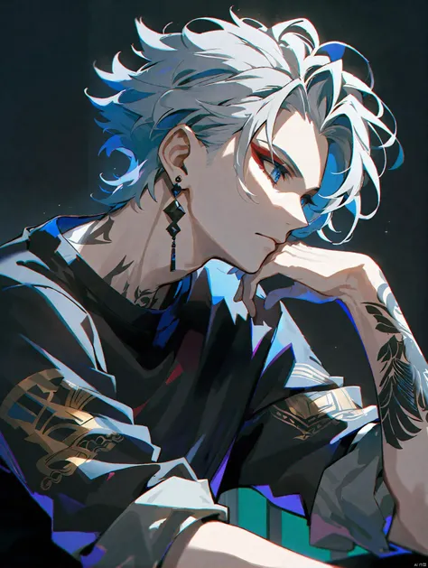 masterpice,solo, short hair, blue eyes, shirt, long sleeves, 1boy, jewelry, sitting, closed mouth, upper body, white hair, grey hair, male focus, earrings, from side, black shirt, tattoo, profile, makeup, looking down, black background, sleeves rolled up, eyeshadow, head rest, arm tattoo, neck tattoo