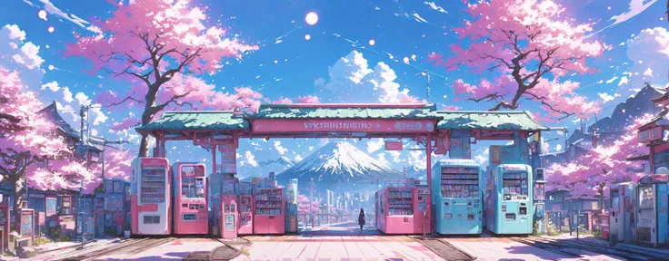masterpiece,ultra realistic,32k,extremely detailed CG unity 8k wallpaper,best quality,wide shot,,mystical,fanatic,intricate,surreal,delicate,lofi color,neon color,
landscape, vntrainstation station, train, vending machine, sakura tree, bokeh, anime style, mountain, cloudy, blue sky,