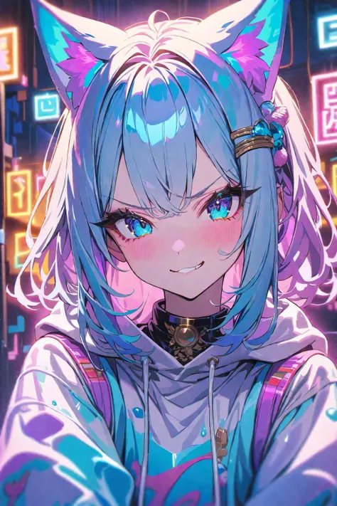 (Masterpiece:0.9), best quality, (illustration, very aesthetic:0.95), (ultra detailed), intricate details, solo, Cyan colour theme, kawaii Girl, Smug Face, Beautiful eyes, liquid animal ears, Nekomimi, (cinematic lighting, Deep Depth Of Field) [(white background:1.2)::0.2], (Neon background:1.2),