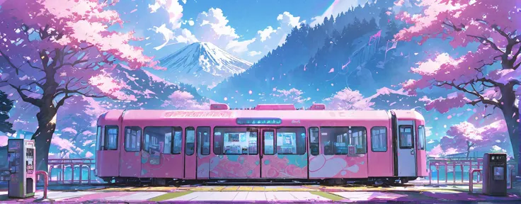 masterpiece,ultra realistic,32k,extremely detailed CG unity 8k wallpaper,best quality,wide shot,mystical,fanatic,intricate,surreal,delicate,lofi color,neon color,landscape,vntrainstation station,train,vending machine,sakura tree,bokeh,anime style,mountain,cloudy,blue sky,japan style,