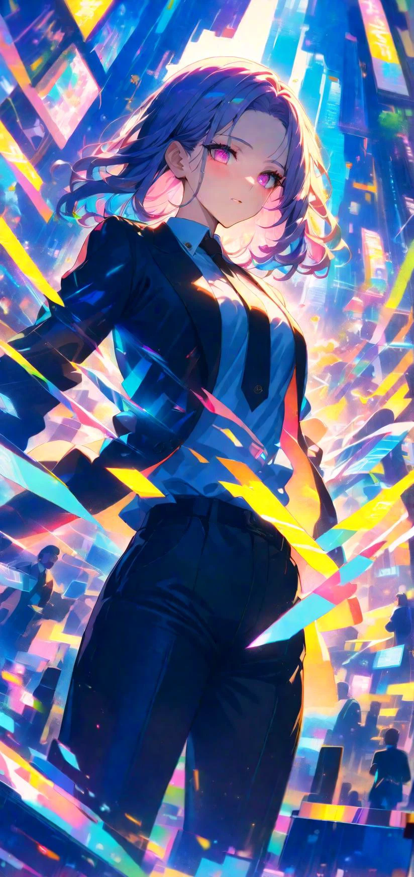 (Masterpiece:0.9), best quality, (illustration, very aesthetic:0.95), (ultra detailed), intricate details, (dynamic angle), 1 Girl, Beautiful eyes, open suit, tie, dress pants, (cinematic shadows, Vivid contrasts), multicolor glitch, neon, [(black background:1.2)::0.2], (business district background:1.2), <lora:crowd_notrigger:0.95>  <lora:SDXLFaeTastic2400:0.85> <lora:Niji_glitch__neon_aesthetic:0.8>