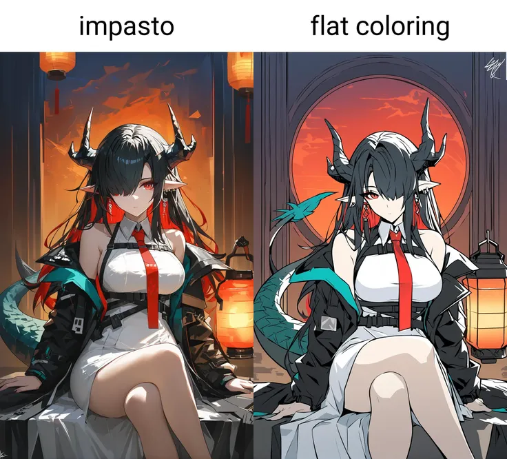 masterpiece,impasto,1girl,solo,black hair,dusk (arknights),horns,pointy ears,breasts,long hair,dress,necktie,holding,white dress,hair over one eye,looking at viewer,sitting,red necktie,off shoulder,bare shoulders,feet out of frame,jewelry,dragon horns,earrings,tail,lantern,sleeveless,jacket,black jacket,sleeveless dress,signature,large breasts,open clothes,multicolored hair,red eyes,dragon tail,dragon girl,bangs,