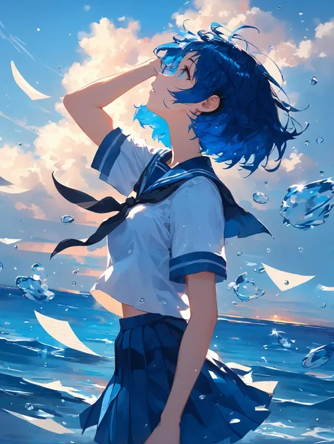 masterpiece,impasto,1girl,solo,headphones,short hair,skirt,school uniform,blue skirt,sailor collar,serafuku,sky,blue hair,neckerchief,short sleeves,blue eyes,white shirt,shirt,water drop,cloud,blue sailor collar,pleated skirt,from side,paper,black neckerchief,parted lips,day,profile,arm up,looking up,dusk