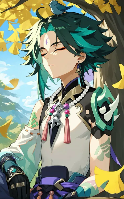 masterpiece,impasto,xiao \(genshin impact\), 1boy, male focus, tattoo, jewelry, gloves, bird, closed eyes, necklace, arm tattoo, tree, solo, beads, green hair, bead necklace, sitting, facial mark, tassel, leaf, multicolored hair, parted bangs, forehead mark, animal on head, bird on head, on head, ginkgo leaf, parted lips, sleeveless, sleeping, outdoors, sleeveless shirt, black gloves, pants, shirt, single detached sleeve, ahoge, short hair, white shirt, knee up, sidelocks, blue pants, open mouth, hand up