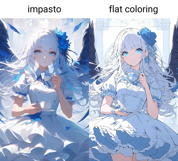 masterpiece,impasto,1girl,solo,cup,long hair,holding,dress,blue eyes,teacup,holding cup,looking at viewer,short sleeves,white dress,hair ornament,wings,hair flower,flower,puffy sleeves,cowboy shot,white hair,holding saucer,saucer,ribbon,nail polish,puffy short sleeves,parted lips,blue nails,